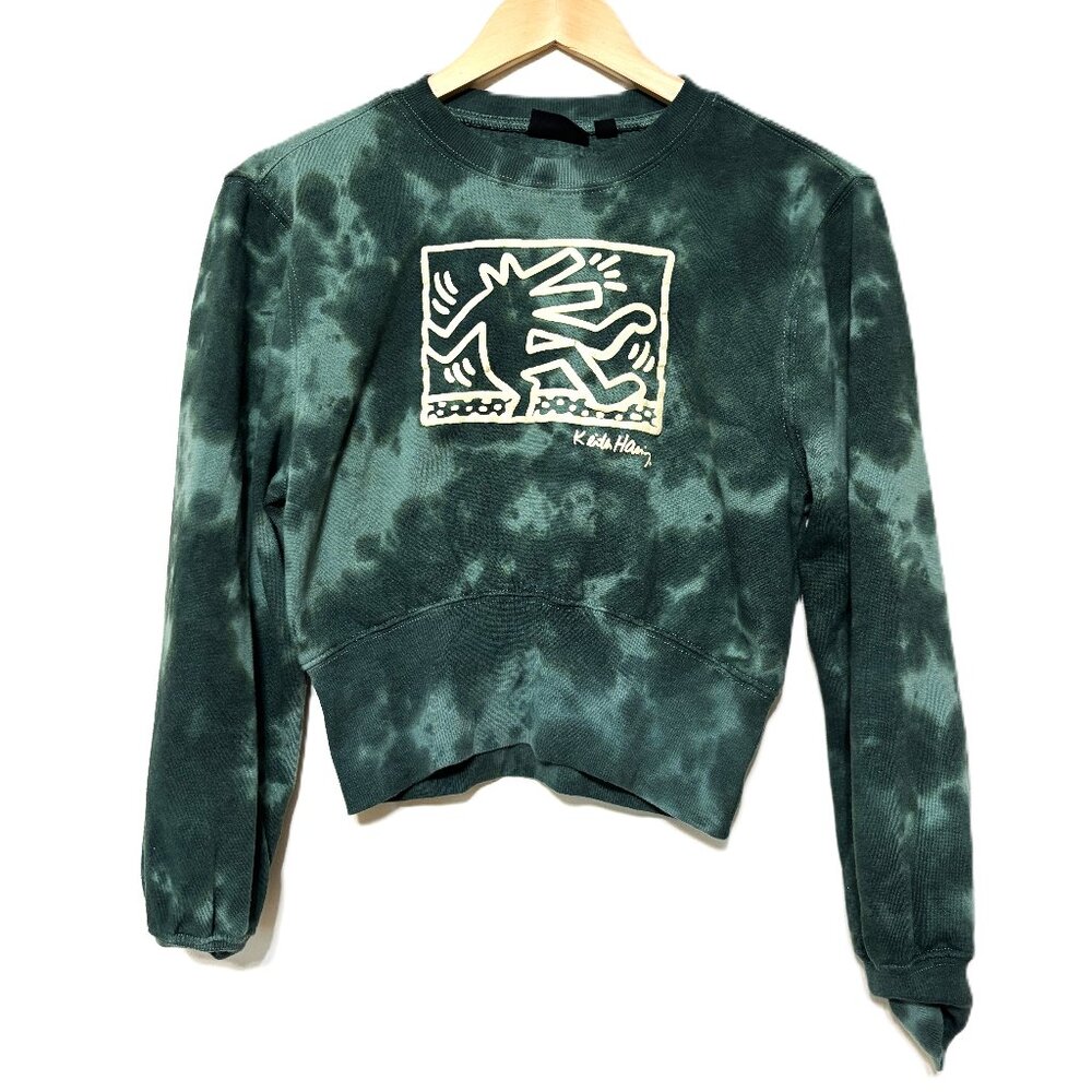 Keith Haring Green Tie-Dye Graphic Crop Sweater, Size Medium